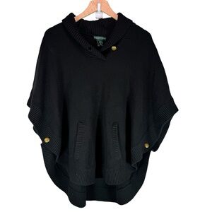 Lauren Ralph Lauren Women’s Small Black Knit Poncho Sweater Classic Preppy Gold